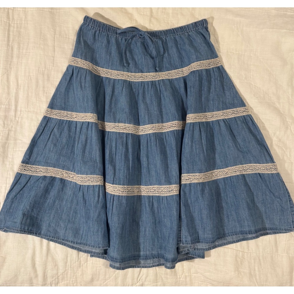 Kimchi Blue Urban Outfitters Tiered Denim Lace Trim Midi Skirt Small Blue